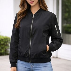 Zeagoo Womens Black Bomber Jacket‎ Size Small Zip Front Lightweight NWT Coat